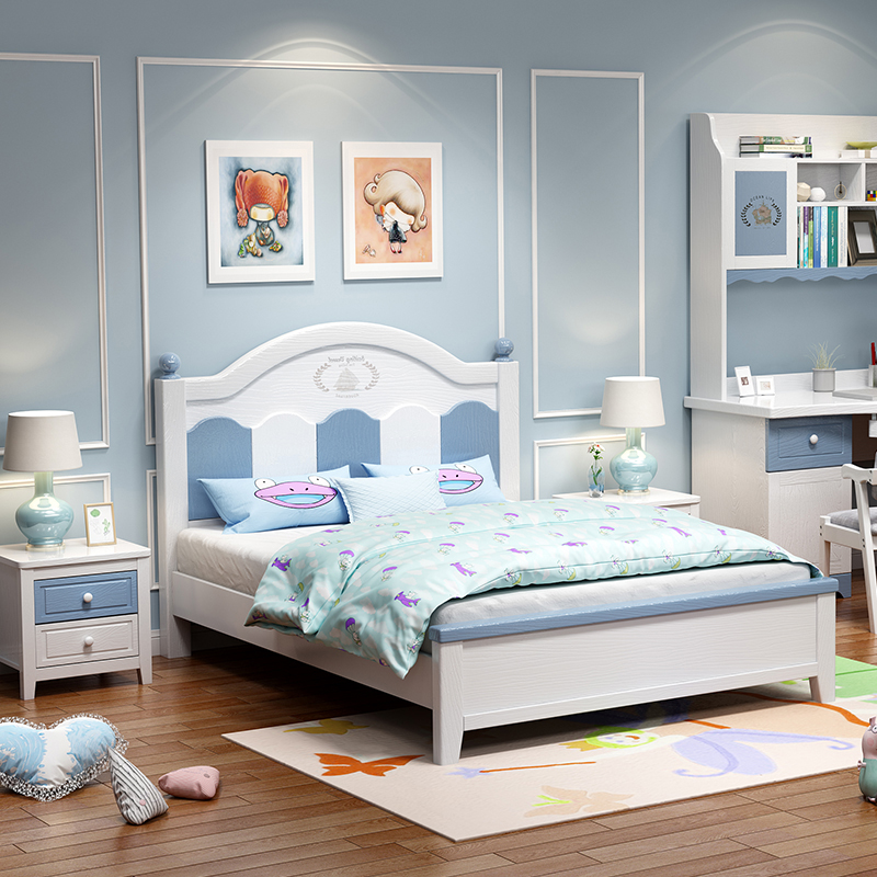 Modern minimalist solid wood children bed linen girl princess bed juvenile boy 1 2m blue high box containing bed