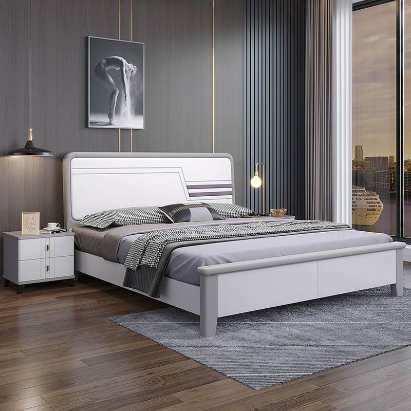 Solid wood bed modern minimalist double bed light luxury master bedroom large wedding bed white high box storage bed factory outlet bed