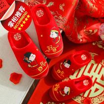 Newlyweds festive wedding slippers lovers 15 couples embroidered couple cotton slippers autumn and winter home big red two pairs