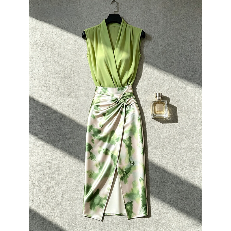 Light Mature Style Green Top with Printed Skirt Set for Women, New Summer Style, Elegant and Slimming Outfit Light Mature Style Green Top with Printed Skirt Set for Women, New Summer Style, Elegant and Slimming Outfit