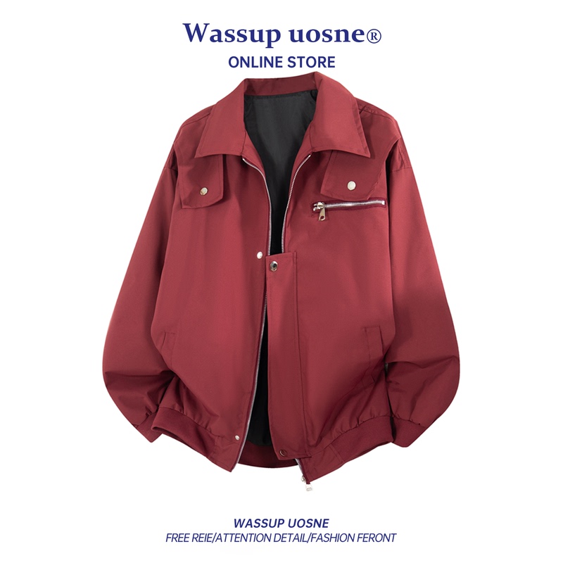 Wassup Uosne Lapel Work Jacket Men's 2026 New Autumn Burgundy Zipper Casual Jacket Wassup Uosne Lapel Work Jacket Men's 2026 New Autumn Burgundy Zipper Casual Jacket