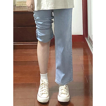 Straight-leg jeans womens small autumn and winter light-colored high-waisted wide-leg pants retro loose pear-shaped figure sweet and cool pants