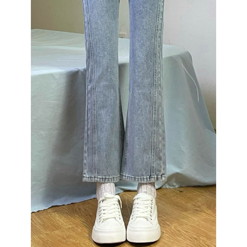 Slightly flared jeans female small man autumn and winter light blue retro hot girl flared pants high waist design niche pants