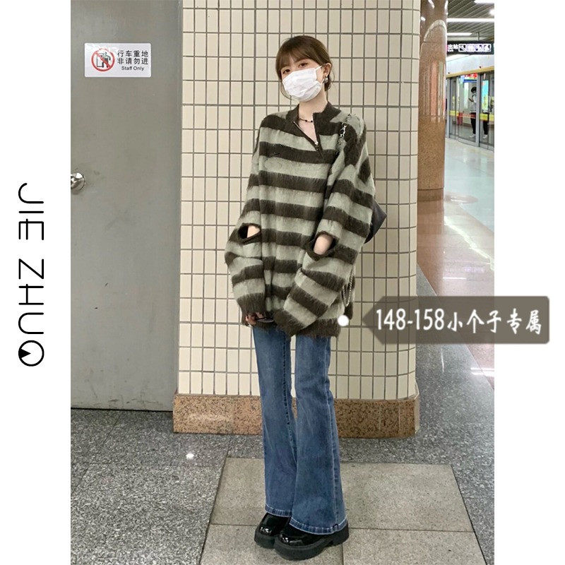 Lace-up jeans women's small autumn and winter dark blue high-waist retro bell-bottom pants slim hot girl mopping horseshoe pants