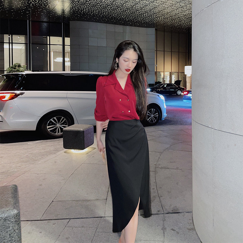 Lin Guanguan black skirt high waist a-line skirt mid-length small design sense high waist thin skirt women's summer