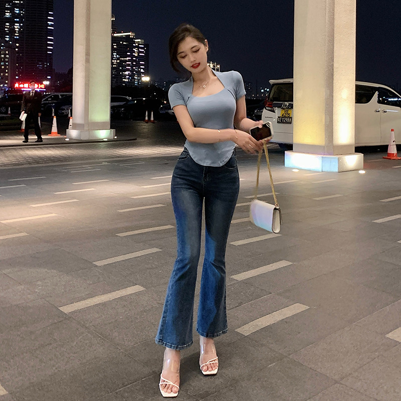 Lin Guanguan Retro Jeans Women's 2022 New Summer High Waist Slim Design Small Micro-Flare Pants