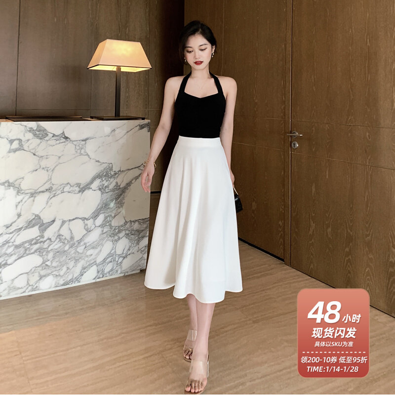 Lin Guanguan French retro high waist umbrella skirt mid-length hip bone width suitable for skirt a-line skirt skirt female summer