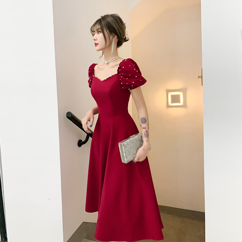 Small toast dress bride high-end sense French wine red wedding engagement home evening dress female usually wearable