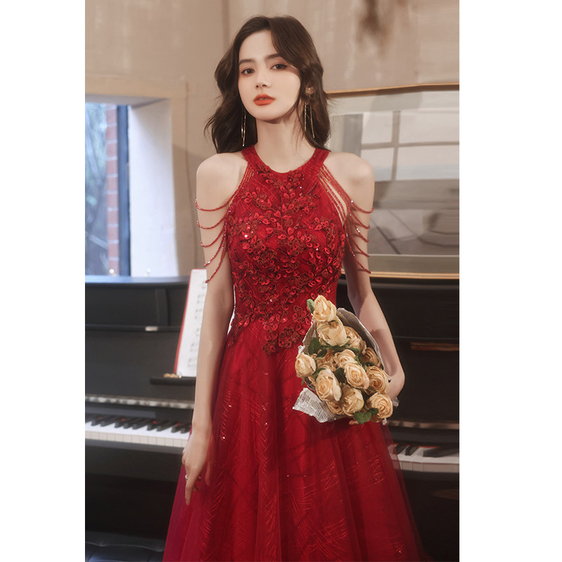 Hanging neck toast dress bride high-end wine red light luxury small gauze skirt engagement wedding back door evening dress female