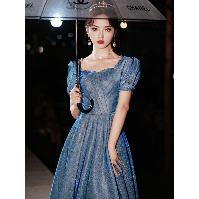 Starry sky evening dress female 2022 new blue light luxury niche high-end high-end sense hosting banquet temperament art test skirt