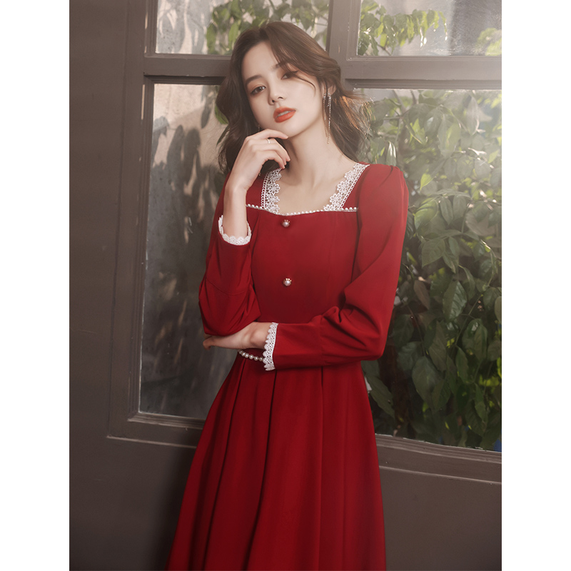 Toast clothing high-end French long-sleeved wine red wedding home casual bridal dress skirt women can usually wear