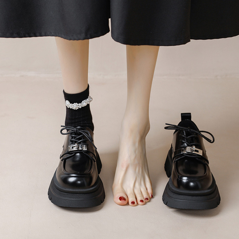 Serum thick Lefu shoes girls 2023 Spring and Autumn new pine shoes England wind line with high small leather shoes women's single shoes