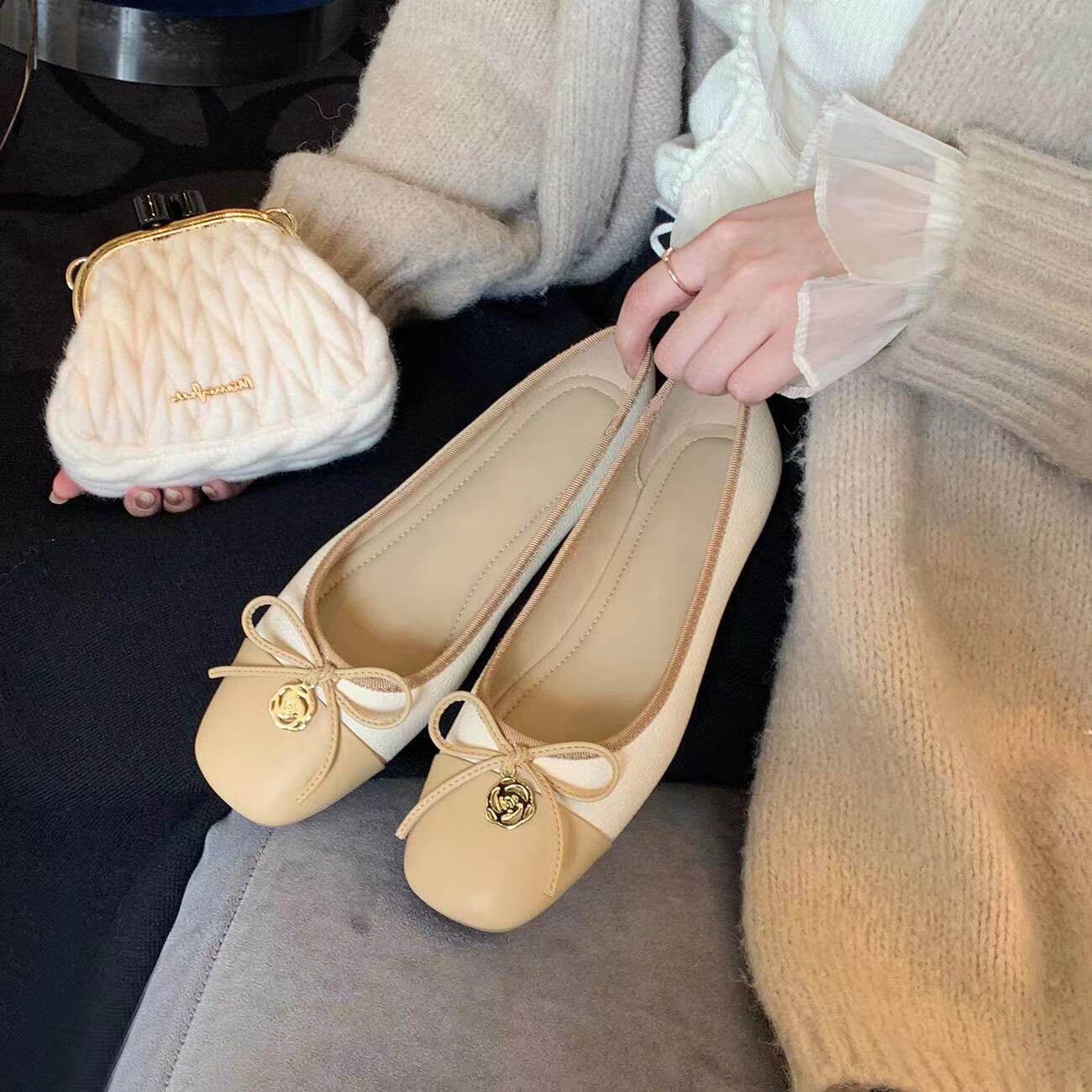 Little fragrance butterfly-based coin leather shallow ballet with one-foot shoes lady flat shoes grandma and lady