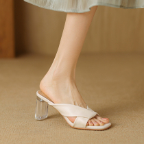 Italy Raraente~ Summer new style crystal heel slippers for women outer wear high heel thick heel fairy style leather sandals