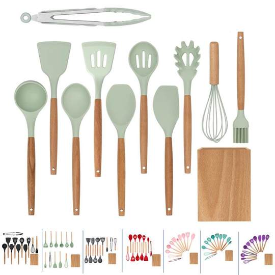 Utensilios de cocina de silicona, juego de 12 piezas, mango de madera, cuchara de cocina, pala, utensilios de cocina de madera, cubo, utensilios de cocina, espátula para verduras, juego de cucharas para sopa