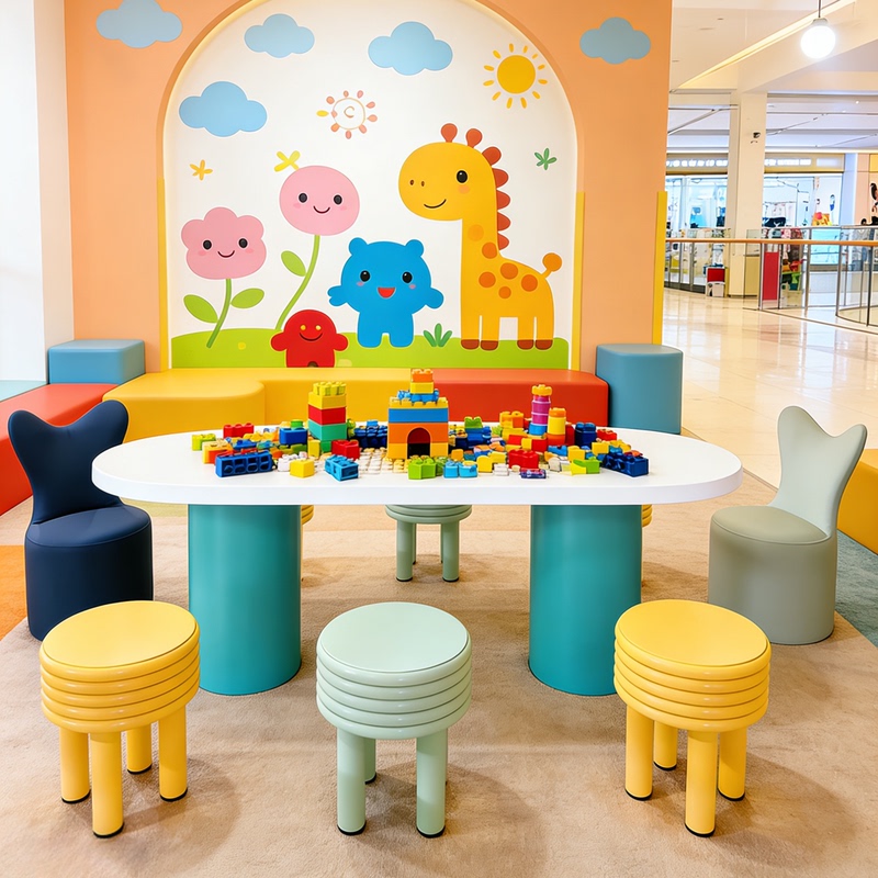 Shopping Mall Children's Craft Table and Stool Set, Colorful Round Table and Round Stool, Kindergarten Playground Learning Table and Chair Set