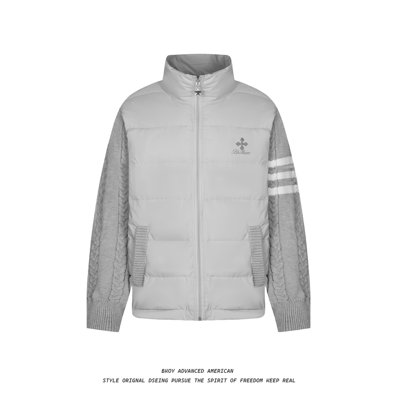 Bkoy American-Style Three-Stripe Stand-Up Collar Patchwork Knitted Sleeve down Jacket for Men and Women, Loose-Fitting Winter Warm Coat