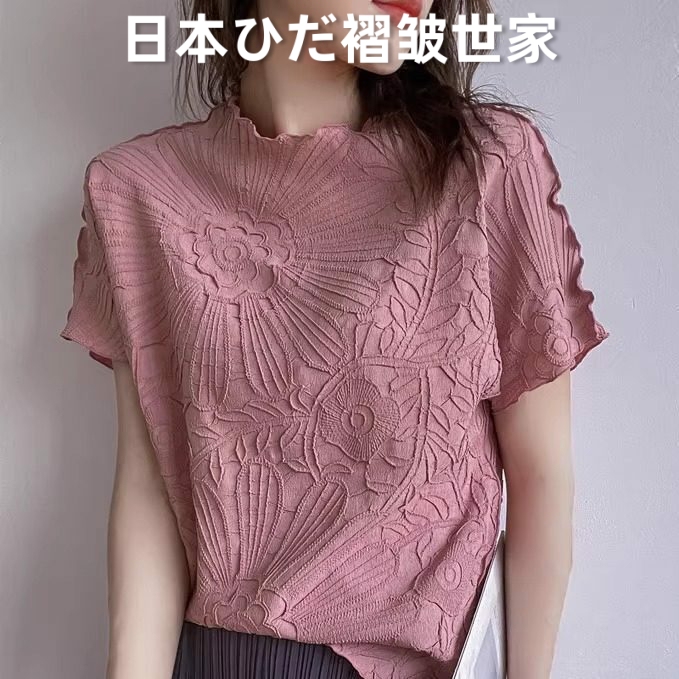 Japanese-Style Issey Miyake Pleated Top Casual Solid Color Round Neck Short-Sleeve New Sunflower Style Clothing Japanese-Style Issey Miyake Pleated Top Casual Solid Color Round Neck Short-Sleeve New Sunflower Style Clothing