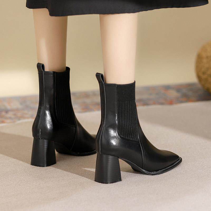 Brown high heel short boots woman 2023 autumn winter new single boot square head coarse heel plus velvety dermis footwear boots Martin boots-Taobao