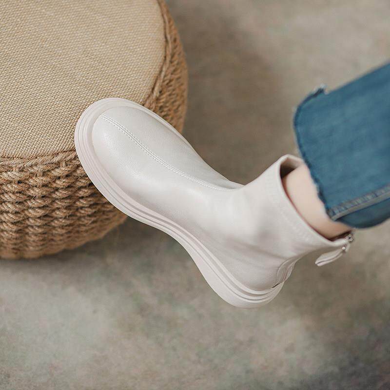 White Martin boots woman 2023 autumn winter new small sub-display feet small skinny boots genuine leather plus suede rear zipper short boots-Taobao