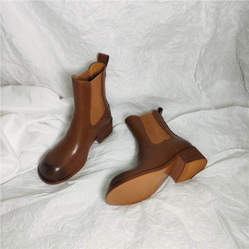 Yinglun Wind Short Boots Woman 2023 Autumn Winter New genuine leather round head coarse heel elastic smoke pipe boots with rough heel Martin boots-Taobao