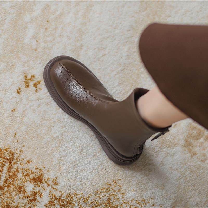 Brown Martin boots woman 2023 autumn winter new single boot Inlenty wind genuine leather thick bottom elastic slim boot with velvety short boots-Taobao