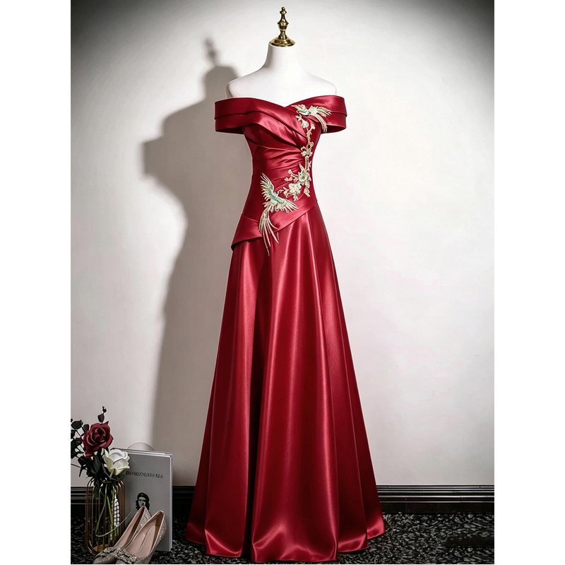 New Chinese-Style Off-The-Shoulder Toast Dress for the Bride, High-End Engagement Satin New Wedding Dress, Slimming Niche Evening Dress for Summer