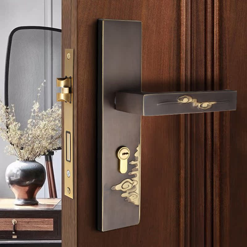 New Chinese-style pure copper door lock indoor wooden door handle universal magnetic silent bedroom door lock all copper household