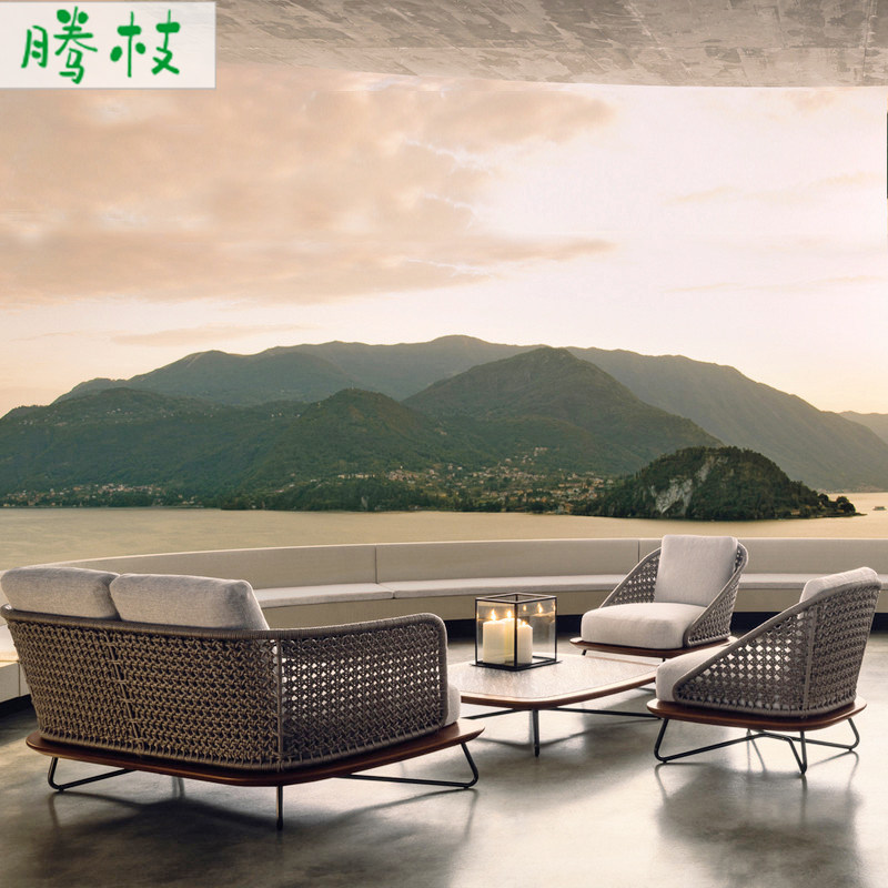 Outdoor sofa rattan courtyard balcony outdoor B&B hotel outdoor sunscreen waterproof rattan wood three-person sofa combination - Taobao