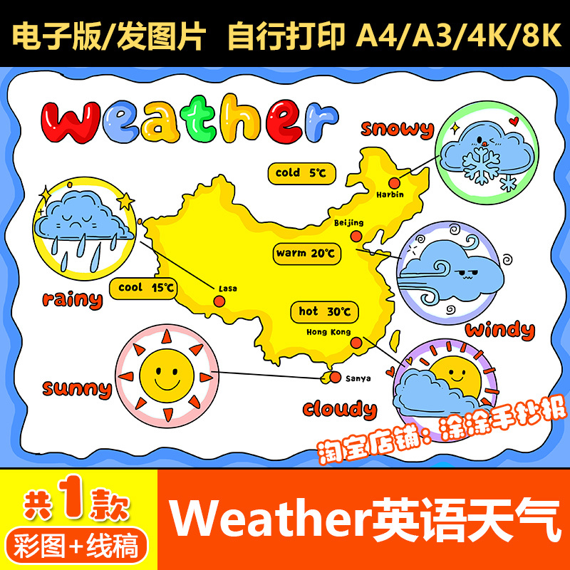 English Weather Weather-Themed Hand-Drawn Newspaper Template for Fourth Grade, Second Semester, Unit Three, English Vocabulary Drawing Sketch