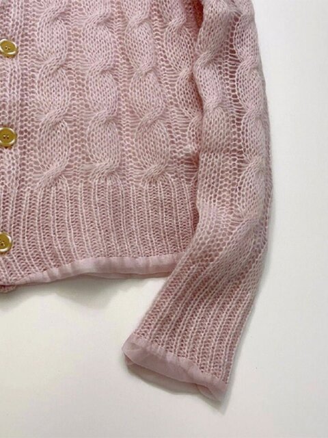 Gentle Little Fragrant Style Fufu Design French Chic Super Nice Pink Knitted Cardigan Sweater Inner Wear for Women