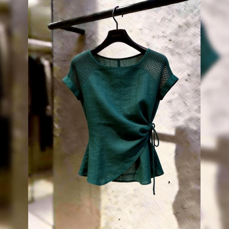 Light Mature Style Dark Green Short-Sleeved Top for Women with Tie Waist, Irregular Design, Suitable for Commuting, Super Stylish and Unique, 2026