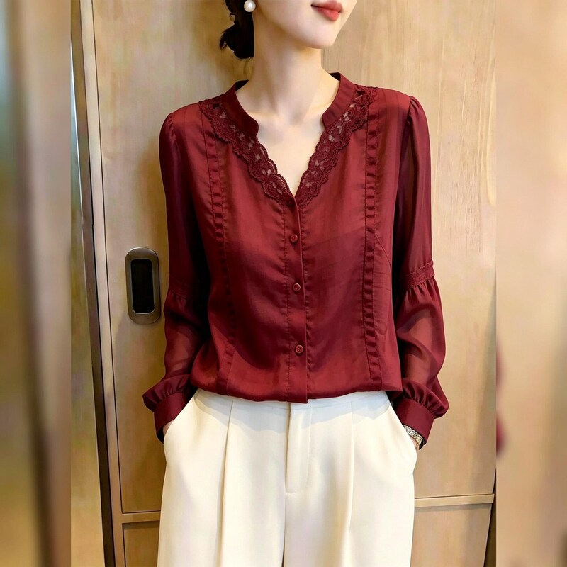 Vintage Red V-Neck Long-Sleeve Shirt for Women, Commuter Style, Lace Ruffle, Age-Reducing Top, Unique and Chic, 2026