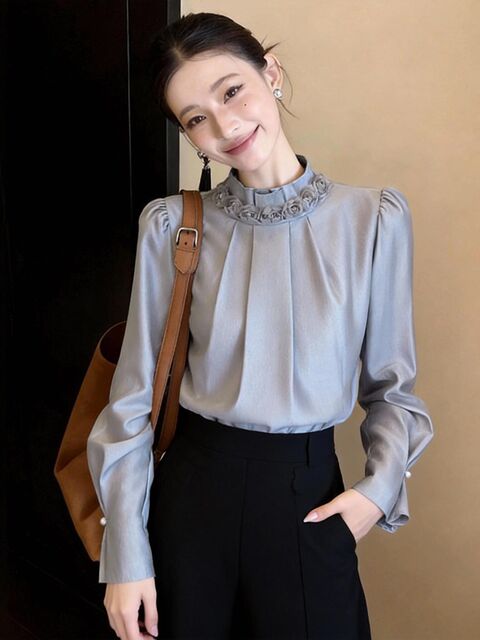 Fashionable and Elegant Style, Intellectual and Graceful Stand-Collar Lace Long-Sleeve Top, 2026 Early Spring Hot Item, Versatile and High-End Outfit