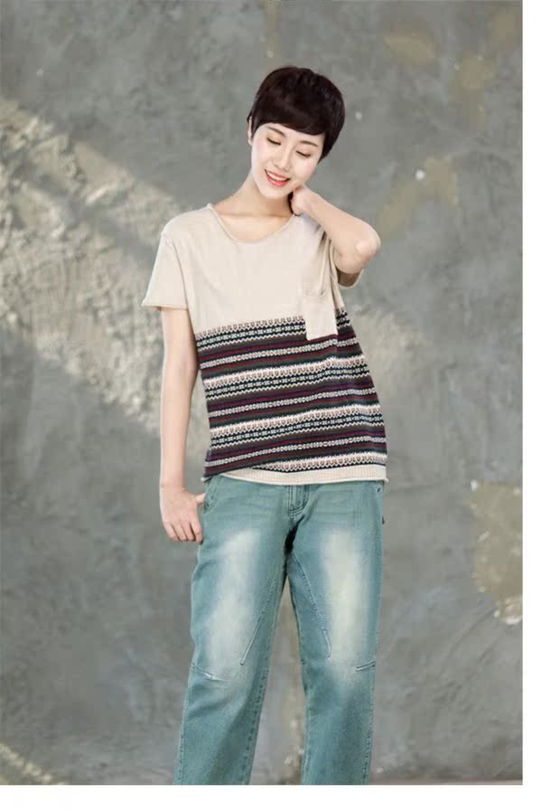 Maisu sọc tròn cổ ngắn tay cotton dòng áo len nữ mùa hè lỏng lẻo nửa tay áo sơ mi cardigan len