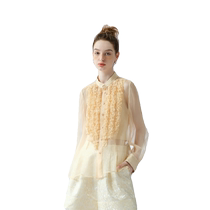 (Flower Mist) puretea tea mulberry silk stand-up collar shirt womens silk fungus 2024 summer new style