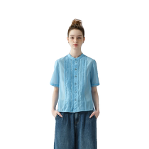 (Oriental Literature and Art) puretea tea silk cotton stand collar shirt womens striped pleated short-sleeved 2024 summer new style