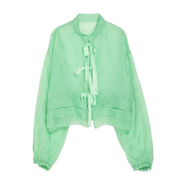 (Same style in the mall) puretea tea silk jacquard shirt womens bow tie cardigan 2024 Xia Xin