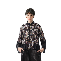 (Same style in the mall) puretea tea silk and linen jacquard printed short coat for women with contrasting materials 2024 Xia Xin