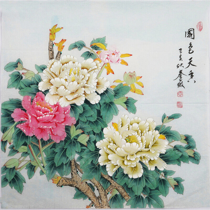Work Pen Peony Painting Country Painting 4-ruler Dou Fang Flowers Open Rich pure artisanal peony decoration Calligraphy Painting 01709