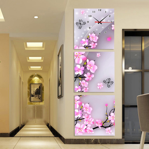 Spring blossoms blossom triptych clock creative art hour hand living room entrance decorative painting vertical plate frameless painting wall clock