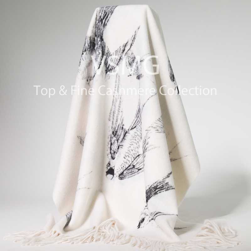 British High-End Niche Ink Cloud Bird Double-Sided Handmade Taiwanese Printed Heavy Lightweight Cashmere Shawl Scarf