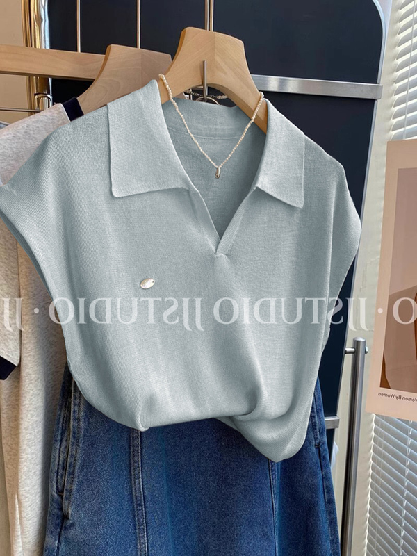 Blue Ice Silk Polo Shirt Knitwear Sleeveless Vest Women's Summer Lazy and Relaxed Short-Sleeved T-Shirt Thin Top