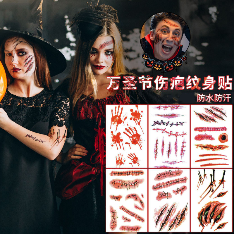 Halloween Tattoo Stickers Waterproof and Sweat-Proof Scar Tattoo Stickers Wound Scar Face Disposable Temporary Tattoo Stickers