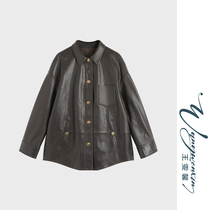 (Wang Wenxin) Linton Manor uncoated retro fashionable loose and versatile polo collar mid-length leather jacket