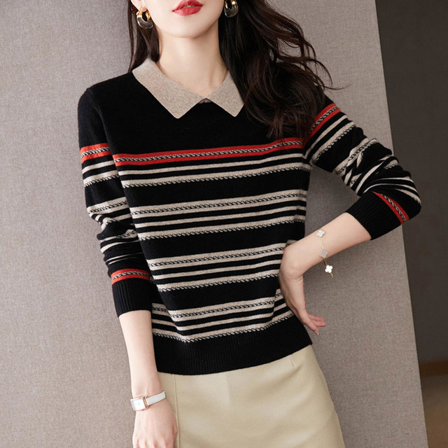 Cut the standard foreign trade withdrawal from the cabinet International big brand tail goods clearance striped doll collar pure wool sweater bottoming shirt sweater top