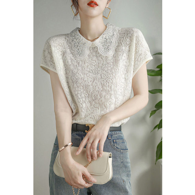 French high-end doll collar jacquard hollow short-sleeved sweater T-shirt for women summer design versatile ice silk shirt