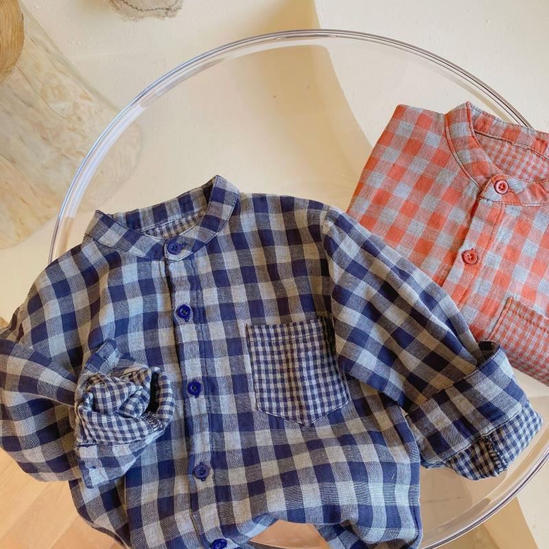 Autumn 2021 cotton double washed cotton shirt report long sleeve plaid thin coat children's retro plaid coat