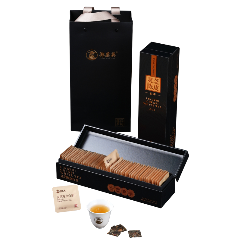 郑莲英灵芝陈皮白茶福鼎老寿眉紧压小方片茶叶礼盒
