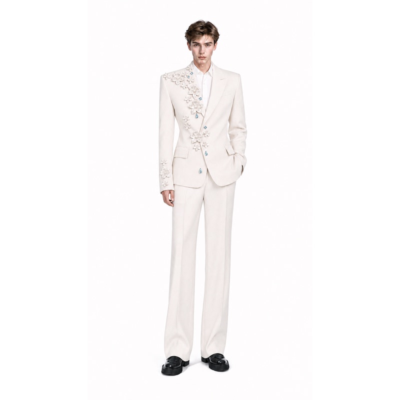 Zhicai【Spring Floral Scene】Wide-Shoulder, Narrow-Waist Blazer with Structured Design and Raised Shoulder Design, Waist-Cinching Suit
